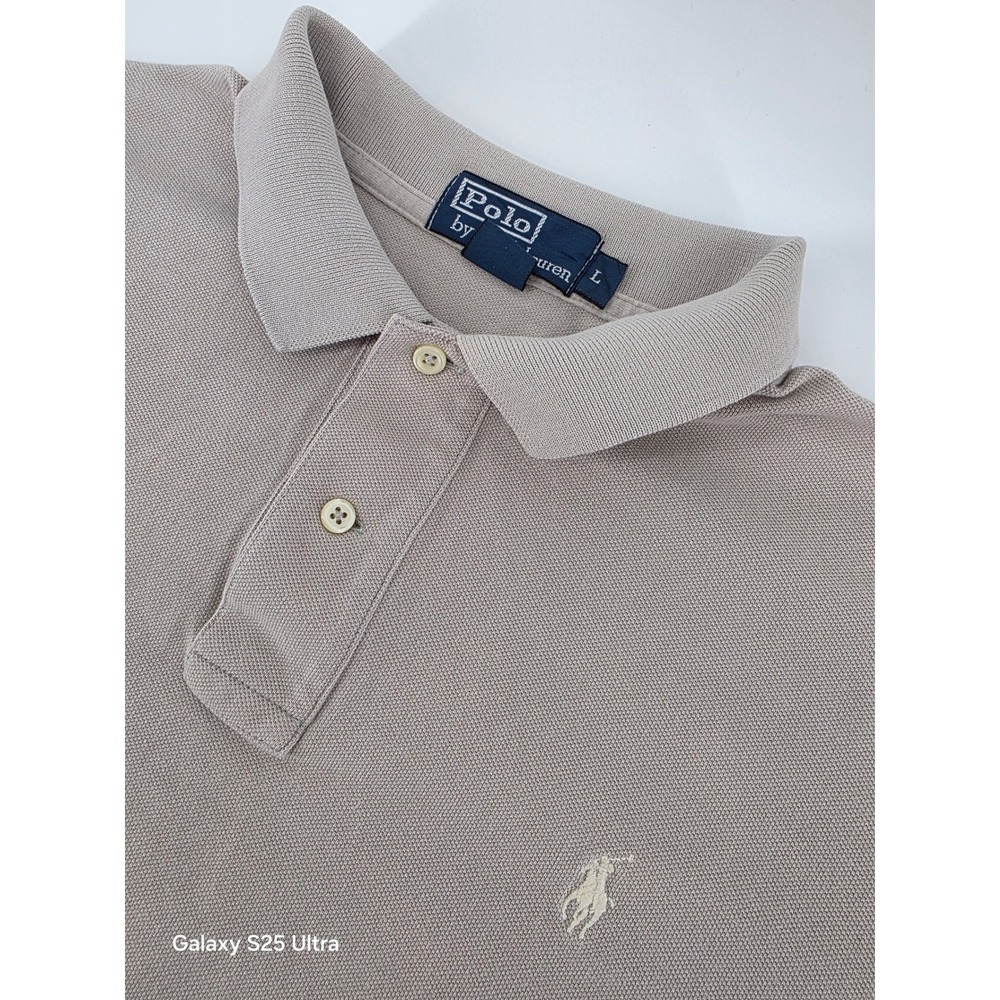 Polo Ralph Lauren Mens Large Tan Khaki Short Sleeve Pique Cotton Pony Logo Polo